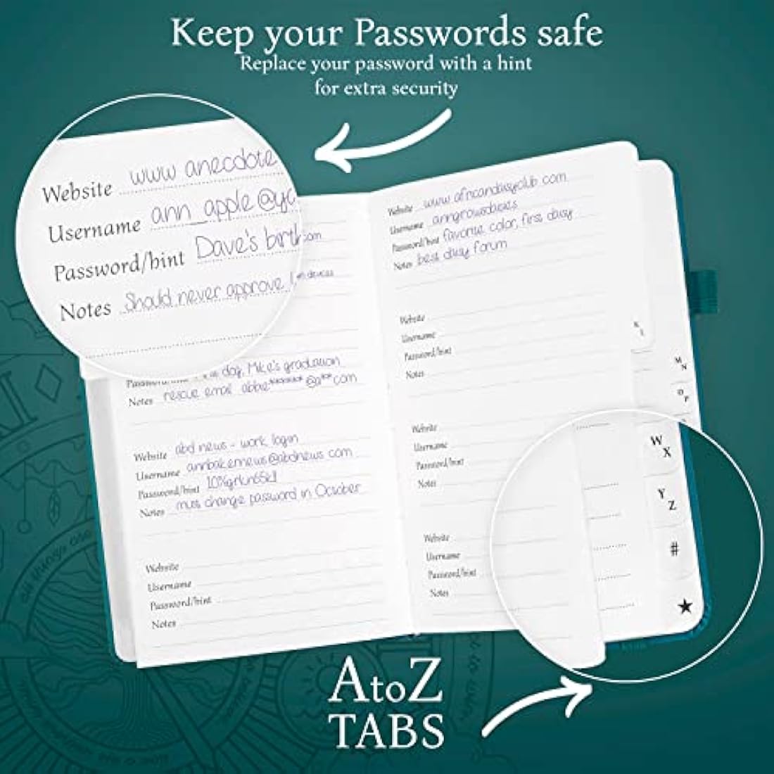 Legend Planner Password Book with Alphabetical tabs. Internet Address Keeper Logbook. Journal for Website Logins, Medium 13x19.5cm (Turquoise)