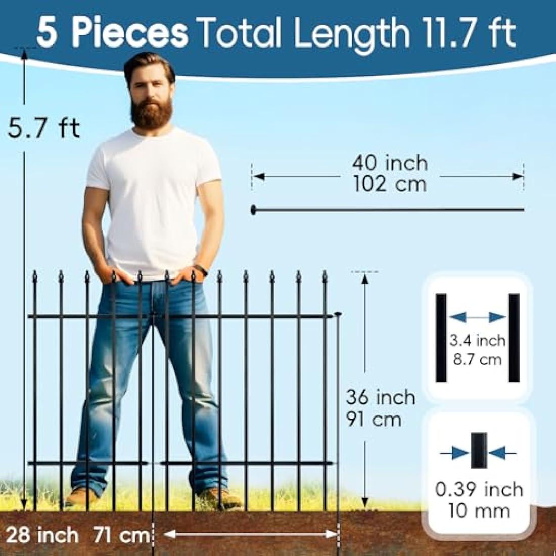 Thealyn Metal Garden Fence Decorative Fence 91cm High x 71cm Wide (5 Panels, Total Length 3.5m) No Dig Border Dog Landscape Fencing for Flower Bed, Yard, Animal Barrier, Black