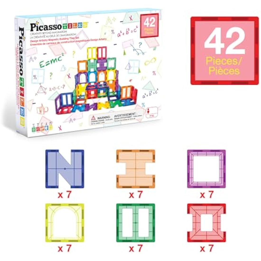 PicassoTiles PT42 Designer Artistry Kit 42pcs Set Magnet Building Tiles Clear Colour Magnetic 3D Building Block - Creativity Beyond Imagination! Educational, Inspirational, Conventional, Recreational