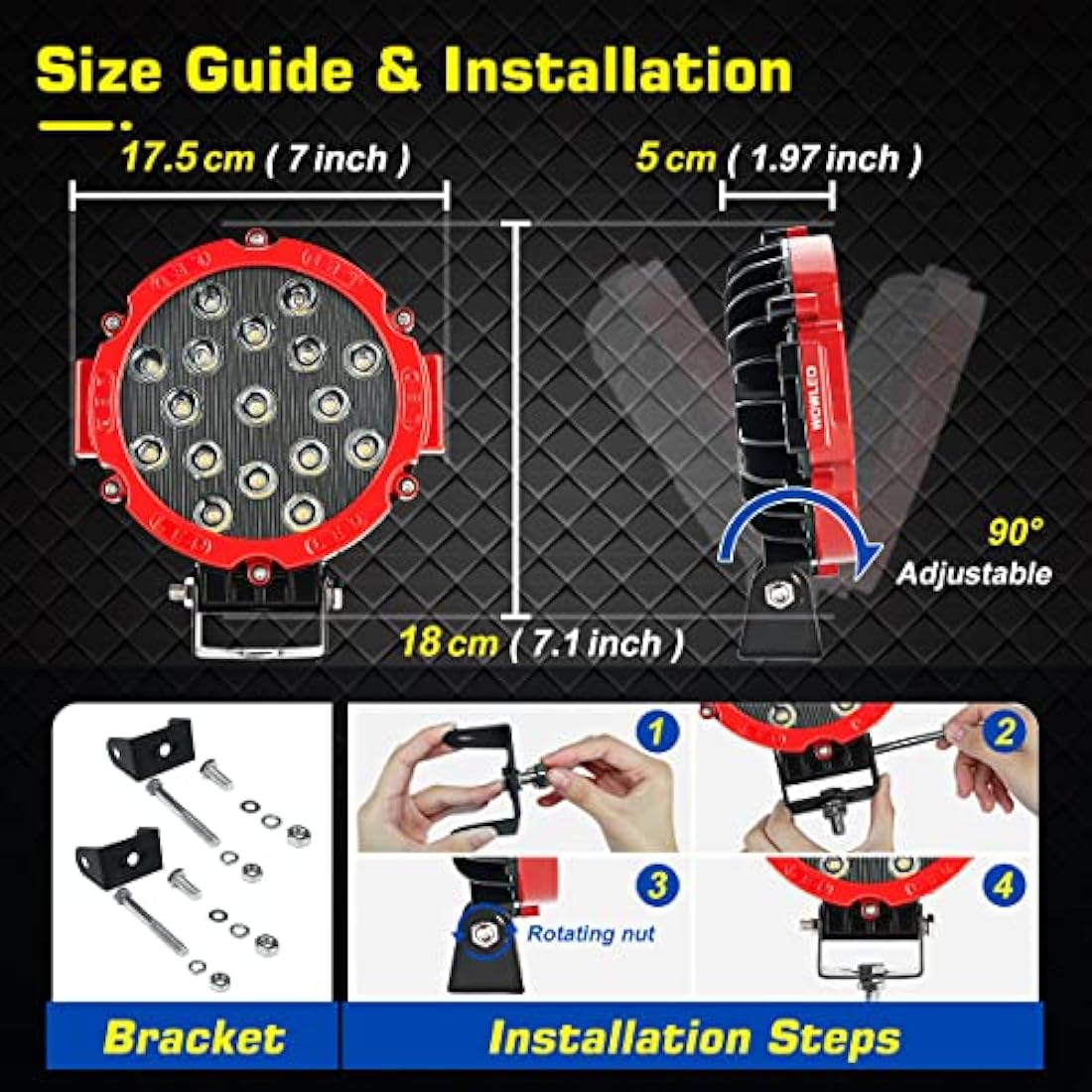 WOWLED Off Road Work Lights, 2 Pcs 7" 51W Round LED Driving Work Light Headlight, Red 7 Inch 4x4 Spot Lights 12V 24V Work Lamp for Offroad Driving SUV 4WD ATV Truck Tractor Boat Car