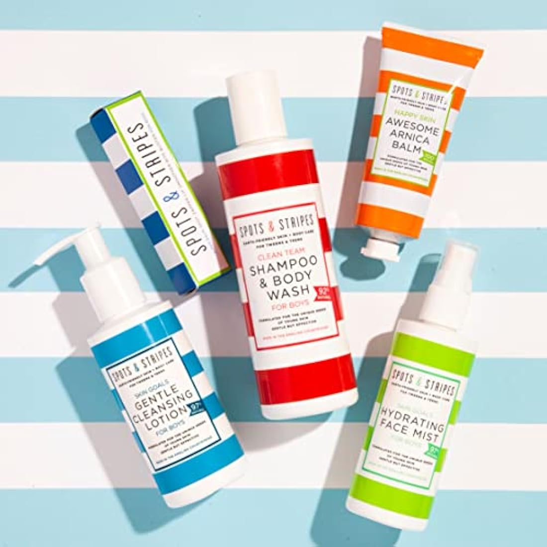 Spots & Stripes - Teen Skincare Essentials for Boys, Effective and Natural Essentials for Teen and Young Skin, with Virgin Coconut, Niaouli and Aloe Vera, Super Gentle