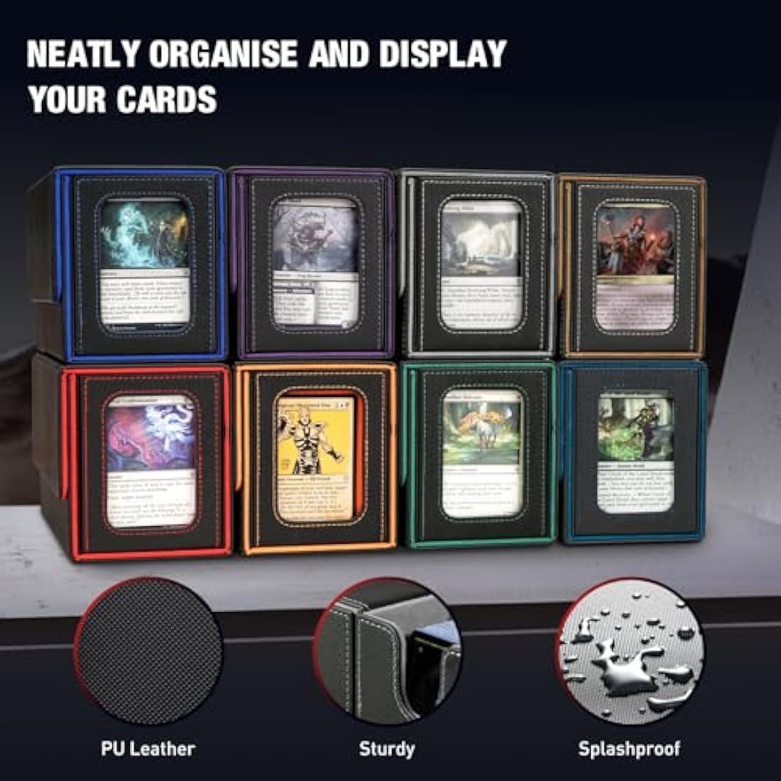 TiMOVO MTG Commander Deck Box, Magnetic Leather Card Deck Case Fits 200+ Double-Sleeved Cards, Card Box with 2 Commander Display & 4 Dividers & Dice Tray Fit YuGiOh TCG CCG Magic Cards, Black & Gray