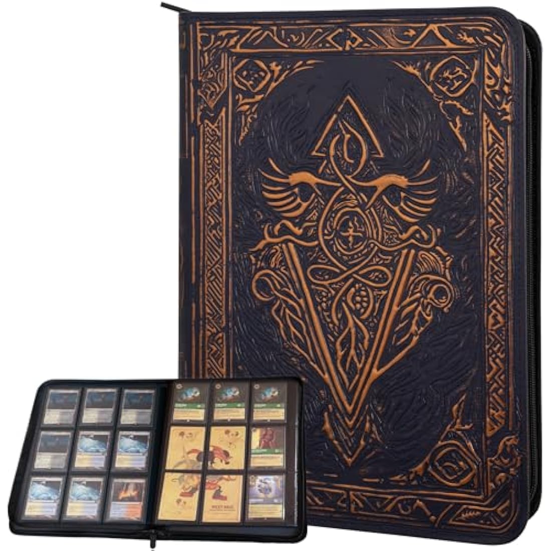 Trading Card Binder - 9 Pocket Album w Zipper - 360 Side Loading Folder for TCG - 3D PU Leather - For MTG, Disney Lorcana Trading Card Game, Magic The Gathering, Pokemon - Book Accessories Gift (Blue)