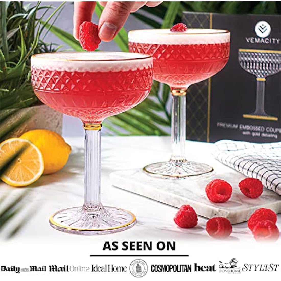Art Deco Espresso Martini Glasses with Gold Rims| Coupe Cocktail Glasses Set of 2 | Handmade Crystal | Quality Champagne Coupe/Champagne Saucers + Recipe PDF| Large Cocktail Glass | Serve Mocktails