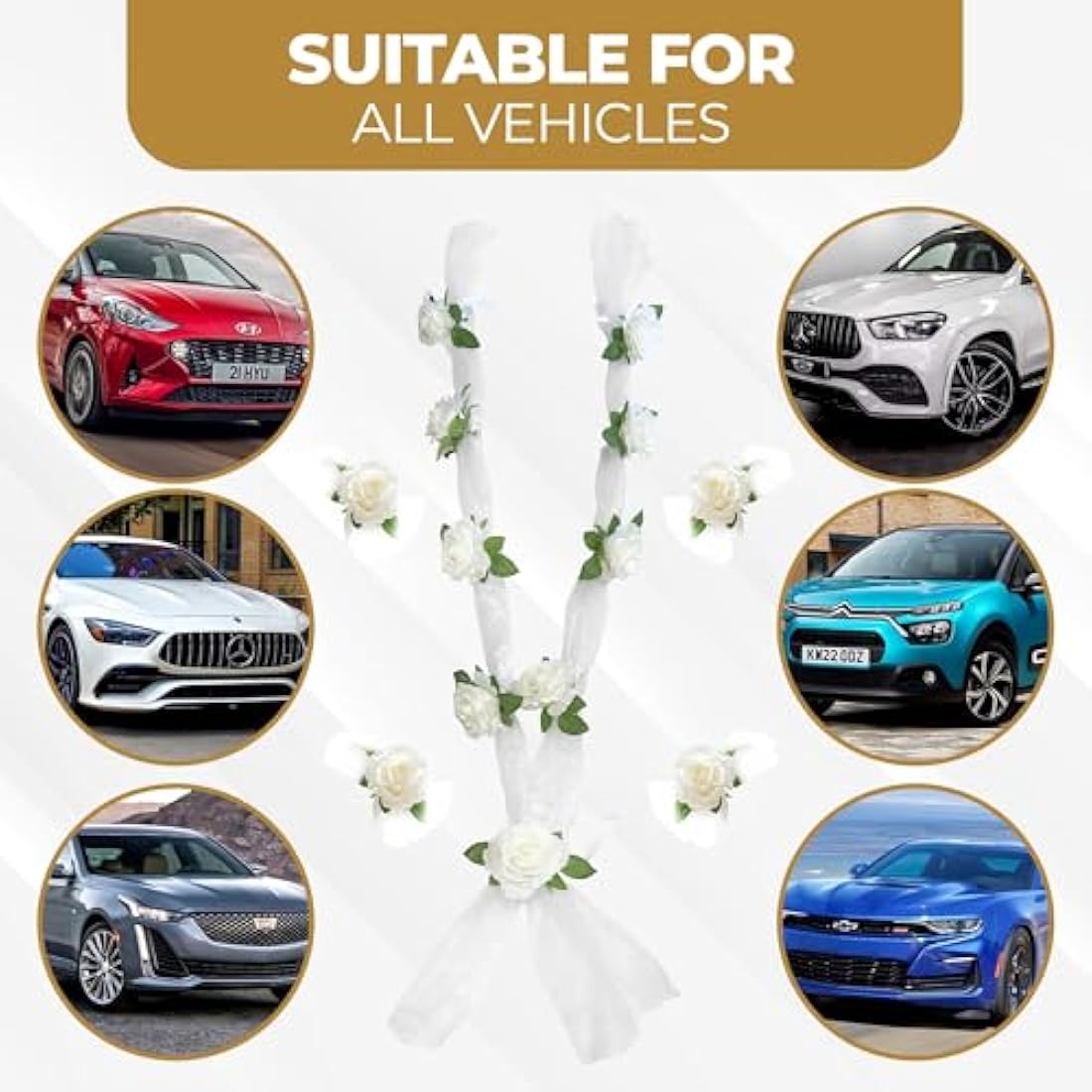 Nueva Vida Wedding Car Decoration, Silk Flowers for Your Wedding Car - 2 x 180 cm Garland for the Bonnet, Including 4 Door Handle Ribbons