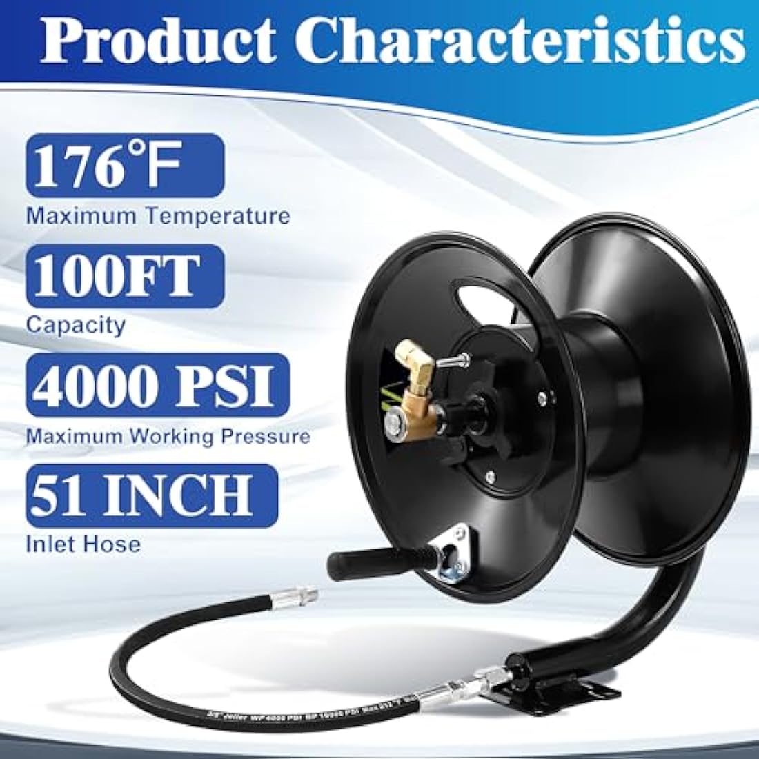 M MINGLE Pressure Washer Hose Reel 100ft, Heavy Duty Steel Hose Reel, Manual Crank Power Washer Hose Reel with Swivel Arm, 3/8" NPT