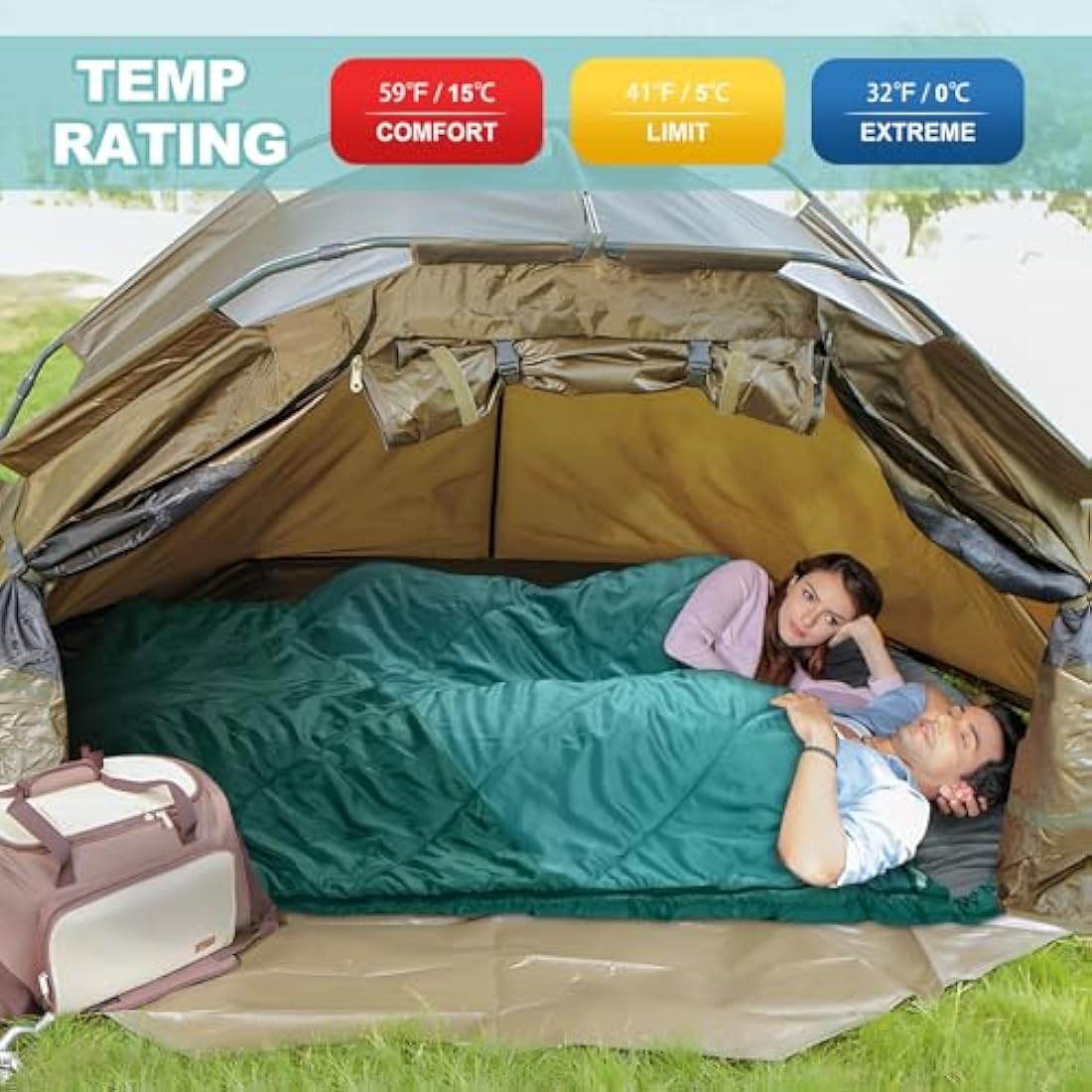 Mcota Double Sleeping Bag, 2 Person Queen Size Sleeping Bag for Adults Couples Family Camping Backpacking, XL Waterproof Lightweight for Cold Weather & Warm