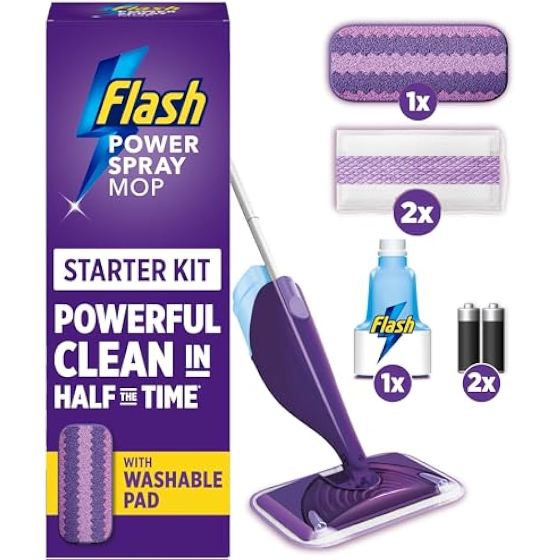Flash Power Spray Mop Floor Cleaner Starter Kit (1 Washable + 2 Disposable Pads), All-In-One System For Your Floors