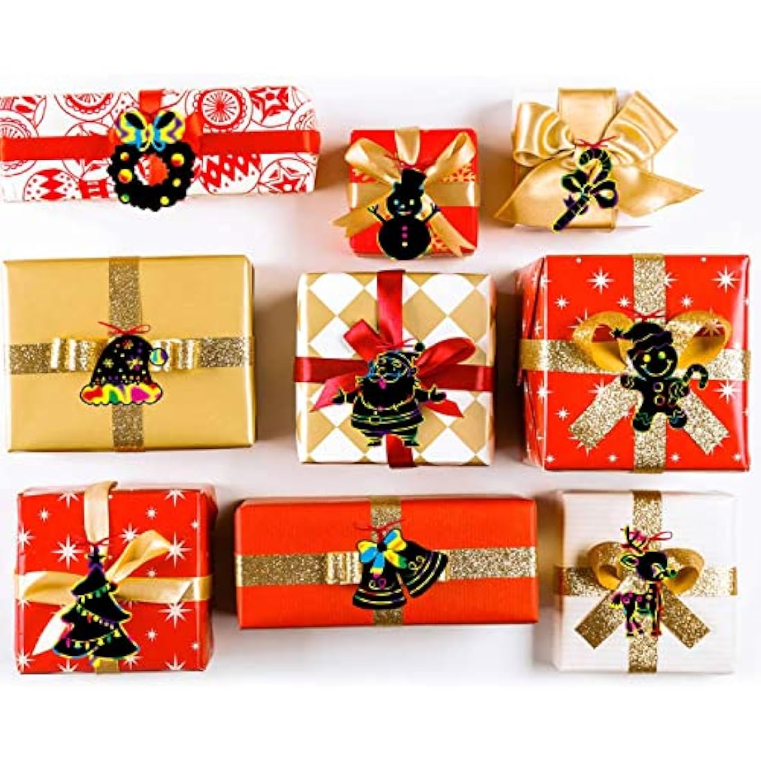 VEYLIN 48 Pieces Christmas Scratch Art Hanging Decorations, Christmas Scratch Papers with 48 Pieces Ribbons for Kids Party Bag Fillers