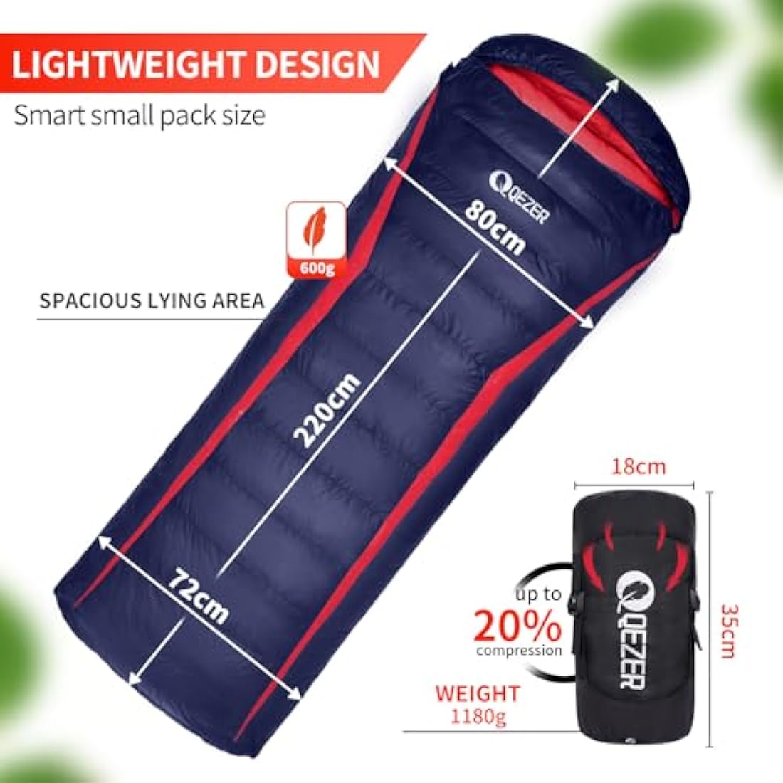 QEZER Down Sleeping Bag,Lightweight Rectangular Winter Sleeping Bag [1180g/1860g] for Adults and Kids 4 Season Camping, Hiking,Warehouse and Moutaineering Outdoor