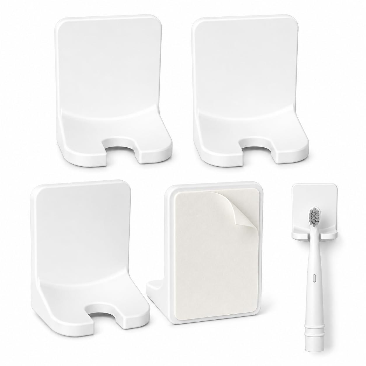 Electric Toothbrush Head Holder, 4 Pack Wall-Mounted Self-Adhesive Hangers for Toothbrush Heads, Razors & Hair Ties, No-Drill Bathroom Storage, White
