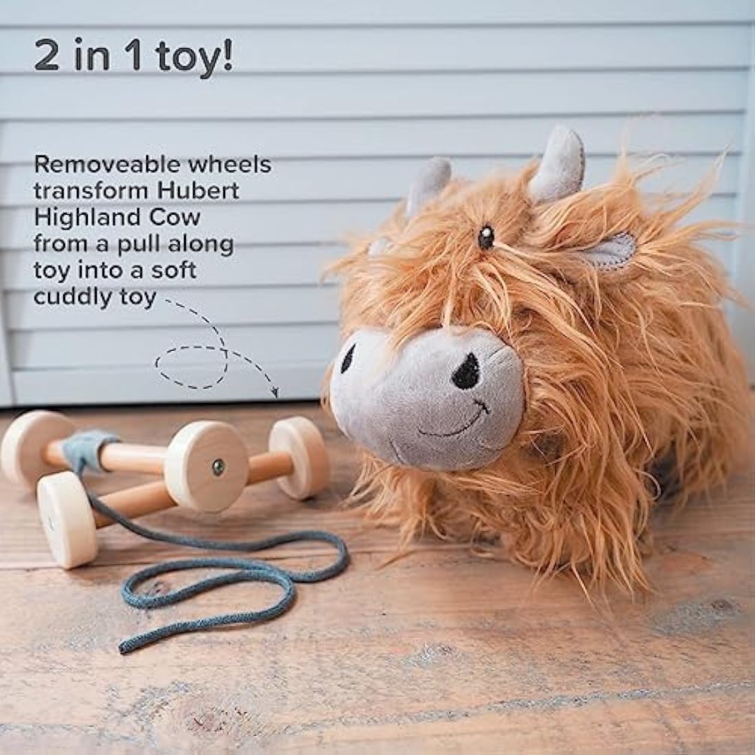 Little Bird Told Me - Hubert Highland Cow Pull Along Toy for Baby 6+ Months Unisex - 2-in-1 Soft Toy, Removable Wheels, Sensory Plush Fabric - British Brand Since 2007