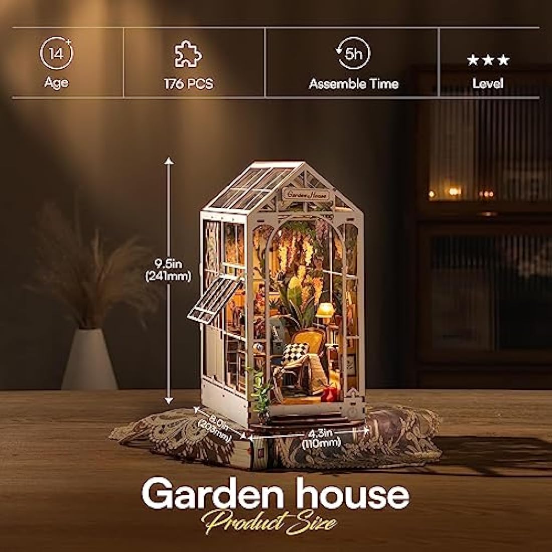 ROBOTIME Book Nook Kit Gardenhouse with LED Lights, DIY Miniature Dolls House Kit 3D Wooden Puzzle Bookend Booknook Book Shelf Decoration Gift