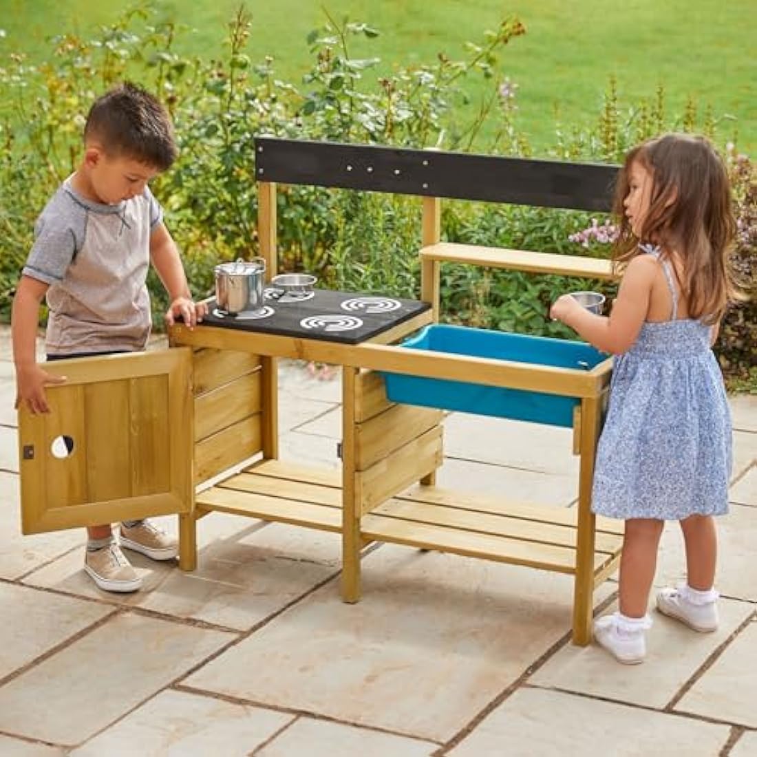 TP Toys, Junior Chef Mud Kitchen, FSC Certified Timber, Wet and Dry Activity, Includes Splash Tub, Pans and Accessories. For Sand, Water, Sensory and Messy Play, For Ages 3 Years +