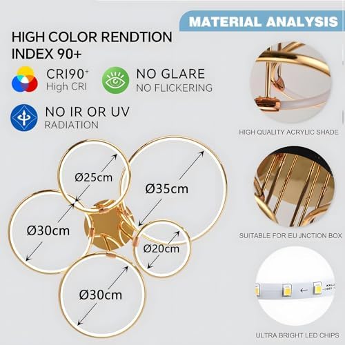 YYUTLUO LED Ceiling Light, Ø93cm Gold Metal Circle Chandelier, 108W Stepless Dimmable 3000-6000K, Modern Round Electroplate Pendant, Bedroom Living Children Office Study Kitchen Hallway(5 Ring)