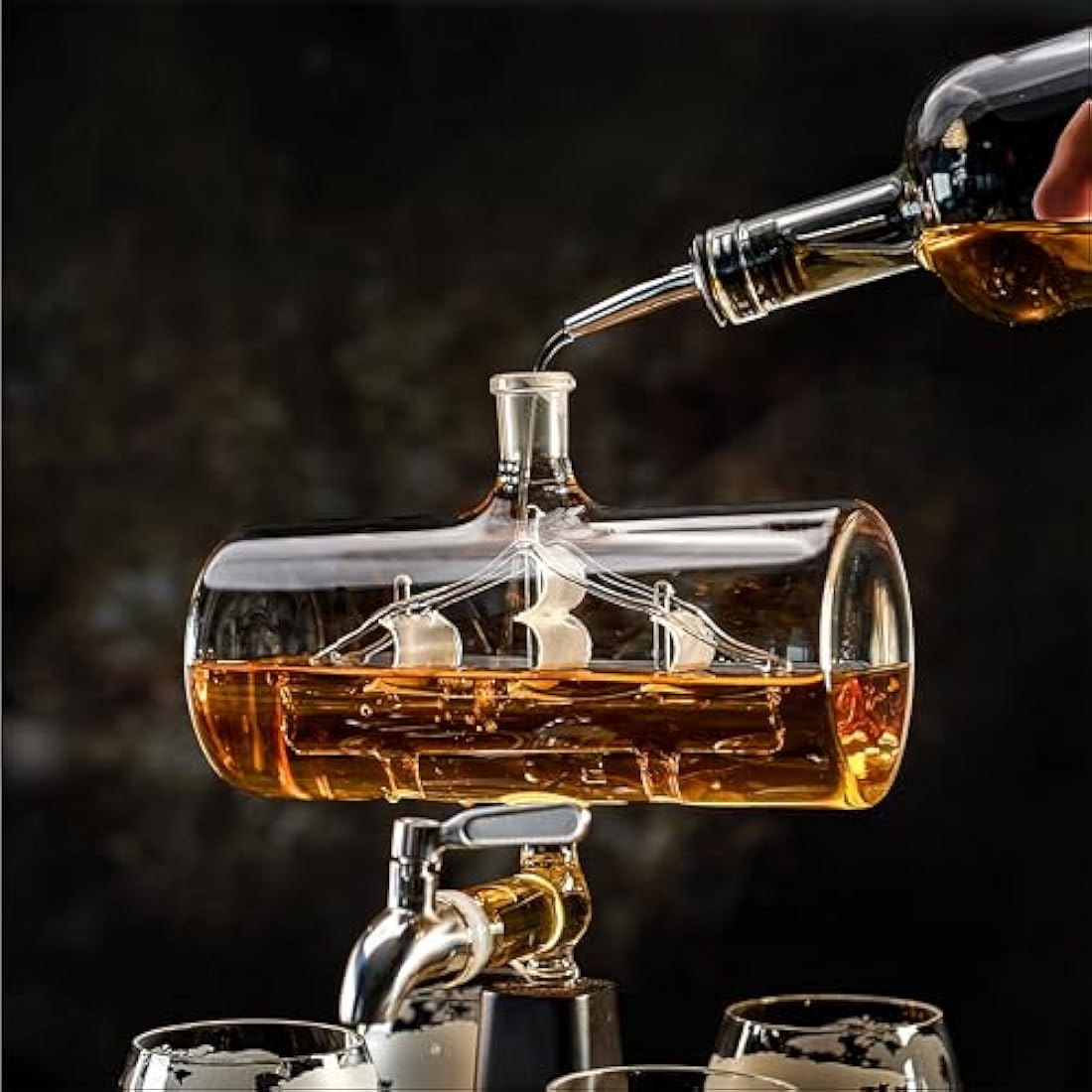 WHISISKEY - Whiskey Decanter Set - 1100ML Ship Carafe - Whiskey Gift Sets for Men - Whisky Set - Glass Gifts for Men - Inc. 4 Whiskey Glasses, 4 Whiskey Stones, Accessories
