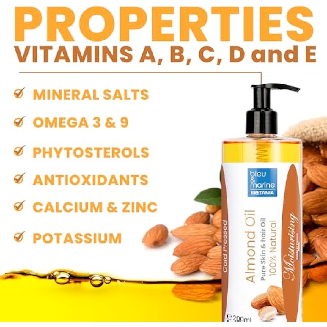 Pure Cold Pressed Sweet Almond Oil, Vegetable Massage Oil, Body & Face Oil, Hair Moisturiser, Baby Skin Softener, Anti Stretch Marks, Natural Breast Firming, 2000 ml 70.39fl oz