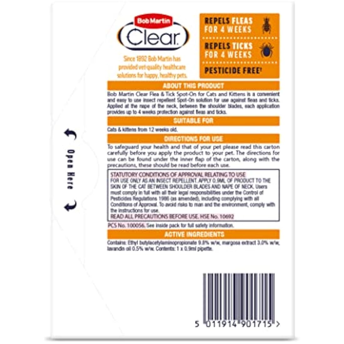 Bob Martin Clear Spot On Flea and Tick Repellent for Cats and Kittens - Pesticide-Free Protection (1 Pipette)