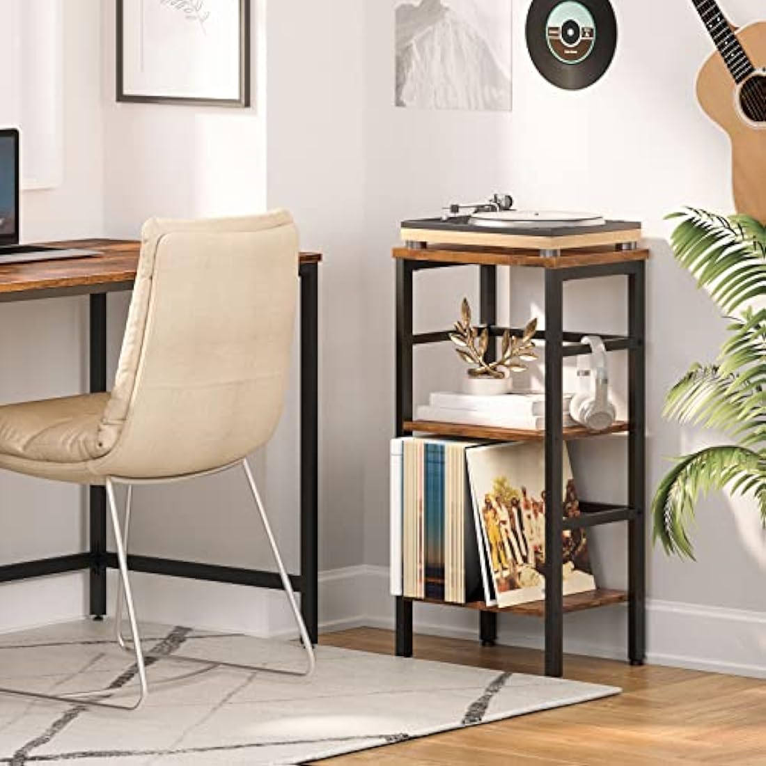 HOOBRO Tall Side Table, Record Player Stand, 3-Tier End Table, Plant Stand, 3-Layer Bookshelf, 40 x 30 x 80 cm, Industrial, for Living Room, Bedroom, Home Office, Kitchen, Rustic Brown EBF80CJ01