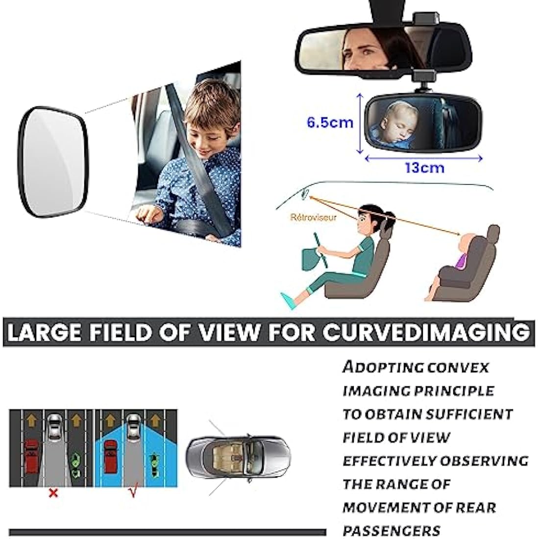 Car Mirror Baby Rear View, 360° Rotatable Rear View Mirror, Spring-Loaded Mounting, Glass Mirror, Car Seat Mirrorfor Rear Seat Safety (12.9 * 6.5cm)