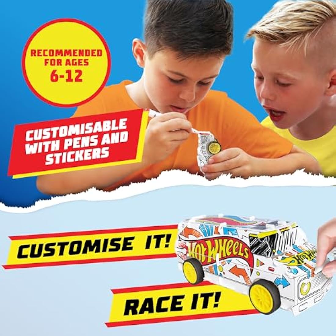 BLADEZ Hot Wheels Custom Super Van, DIY Van, Make Your Own/Build Your Own, Pull Back Vehicle for Kids, Customisable with pens and Stickers, Creative Maker Kitz Toyz