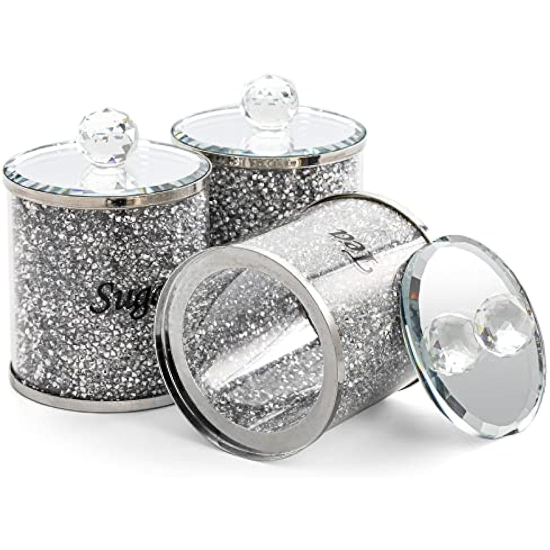 Cedilis 3 Pack Decorative Coffee Tea Sugar Canisters With Crushed Crystal Diamonds, Glass Food Storage Containers, Bling Kitchen Jar for Countertop Decor, Silver