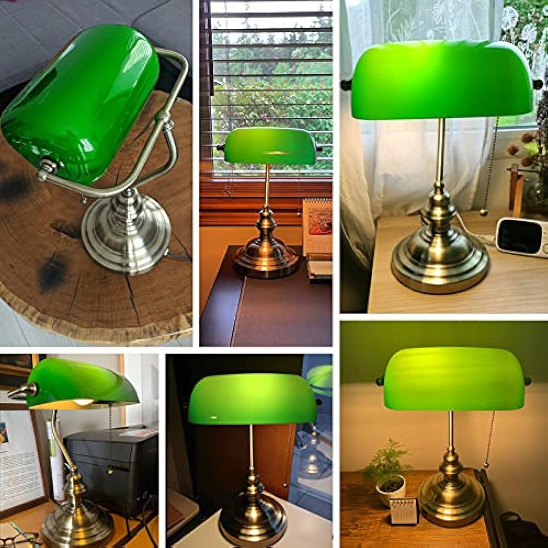 Newrays Green Glass Bankers Desk Lamp with Pull Chain Switch Plug in Fixture,Satin Brass Finish