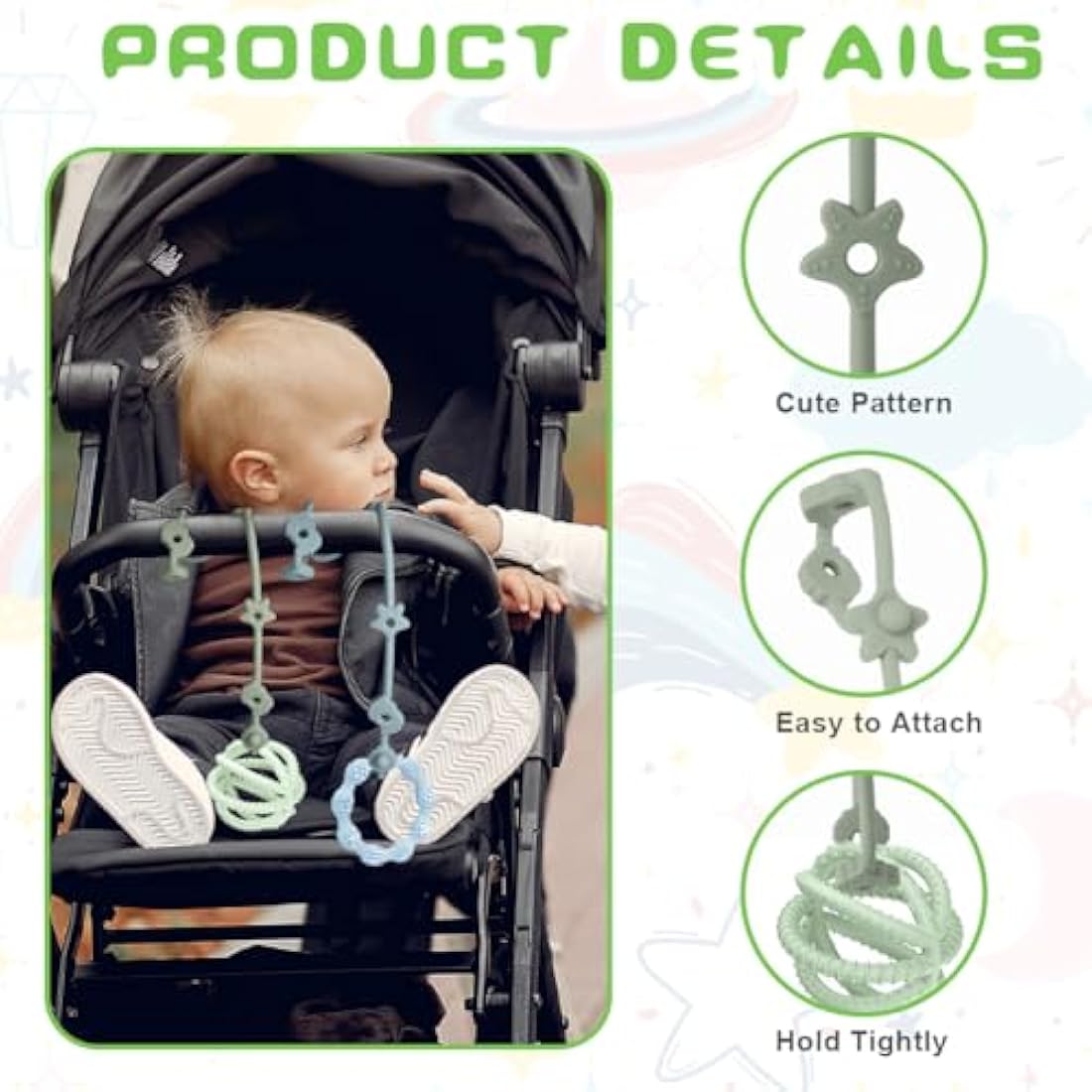 Vicloon Silicone Toy Clip, 4Pcs Toy Safety Straps, Food Grade Silicone Pacifier Clips Sippy Cup Strap, Adjustable Stroller Pacifier Strap Hanging Toys, Baby Toy Anti Drop Chain (Blue/Green)