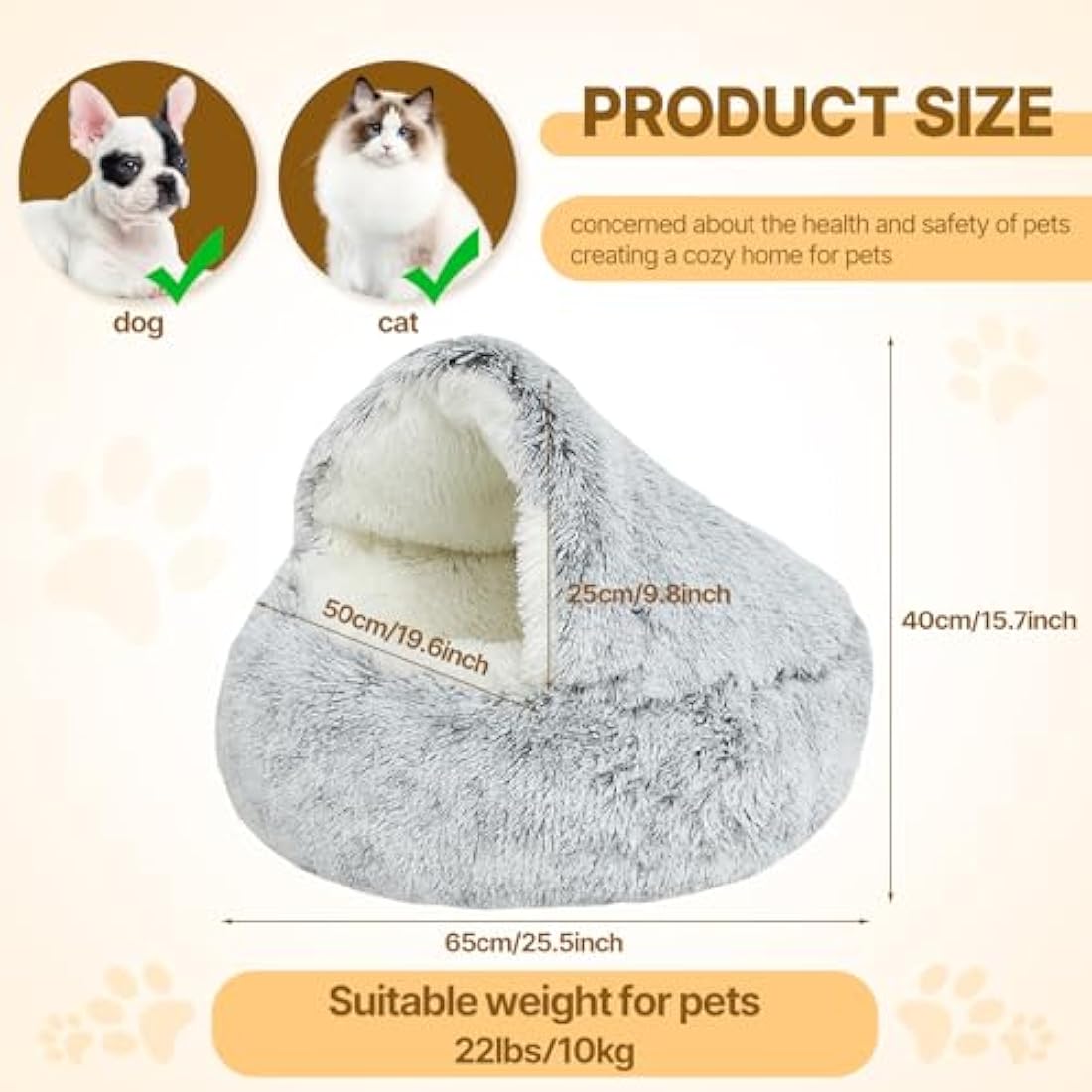 Calming Dog Bed Fluffy Plush Pet Bed under 10kg,Washable Anti Anxiety Small Medium Dog Bed,Indoor Cats Dogs Soft Warm Donut Cave Bed Patent No.: 6242416(Grey)