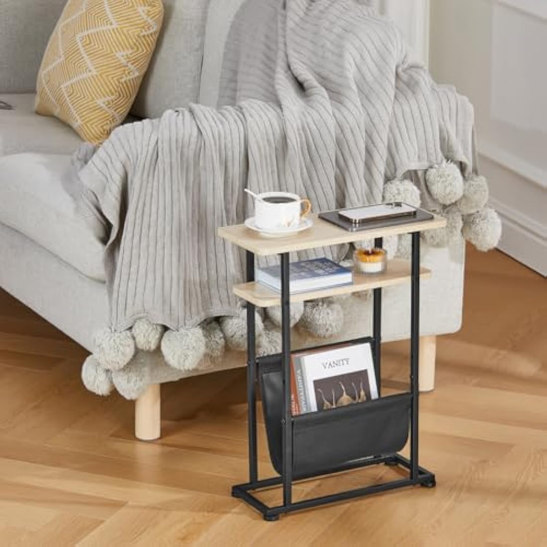 ZEXVIDA Small Side Table for Small Spaces - Slim End Table with Magazine Holder - 2 in 1 Narrow End Table Living Room - Skinny Bedside Table Nightstand Bedroom Thin Side Table (Oak)