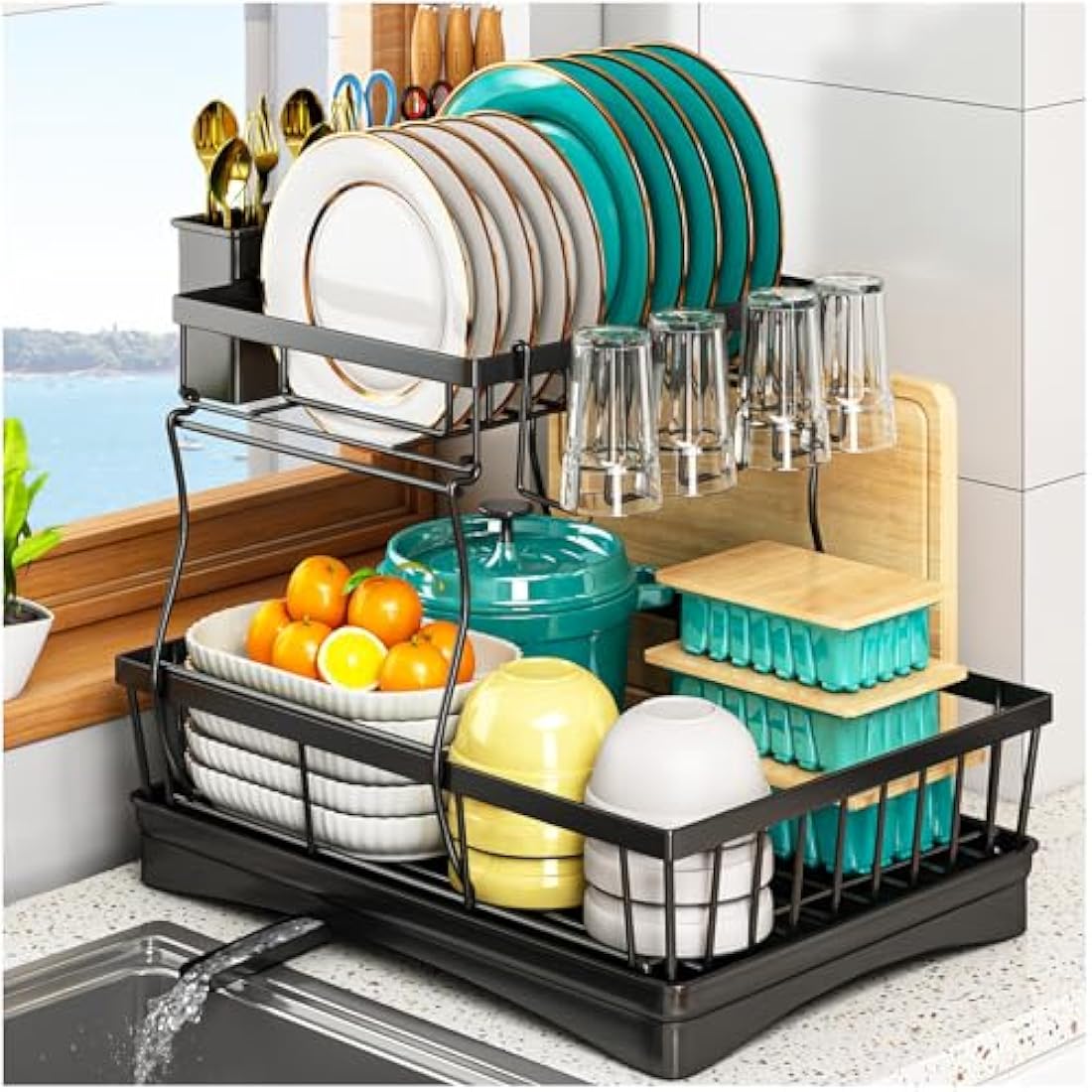 StowBin 2 Tier Dish Drainer Rack for Kitchen Counter - Space-Saving Dish Rack with Utensil Holder, Large Capacity Dish Drying Rack with Draining Board, Black