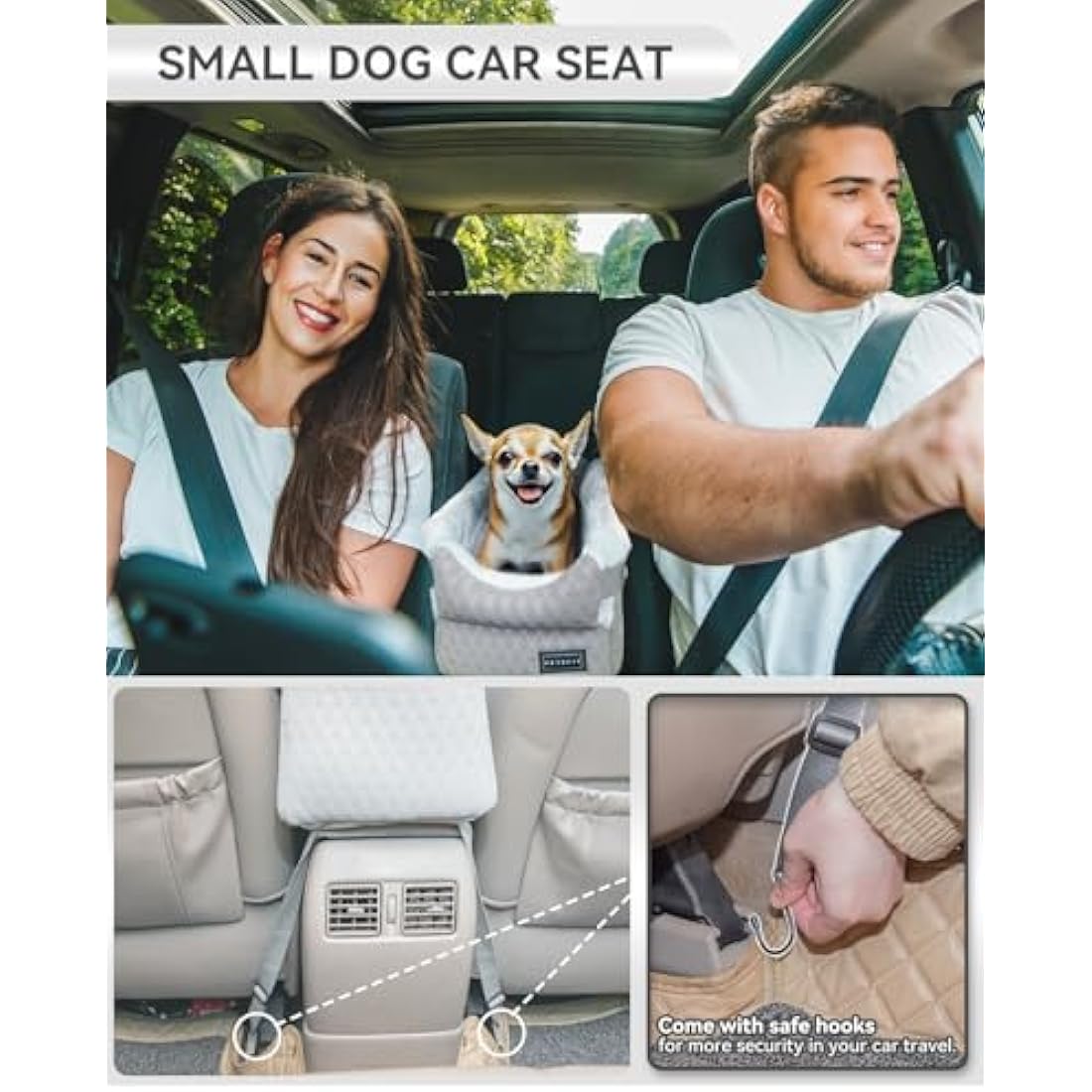 PETSFIT Center Console Dog Car Seat - Secure Safety Hooks & Upgraded Tethers, Removable Washable Cushion for Small Pets up to 6kg (Light Grey)