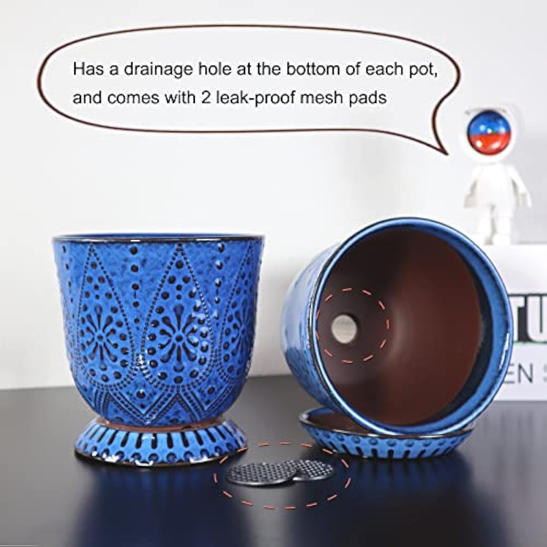 YFFSRJDJ 15CM Flower Pots-Set of 2. Beaded Ceramic Planter with Drainage Hole and Saucer for Plants, Indoor-Outdoor Large Round Succulent Plant Garden Pot-Blue
