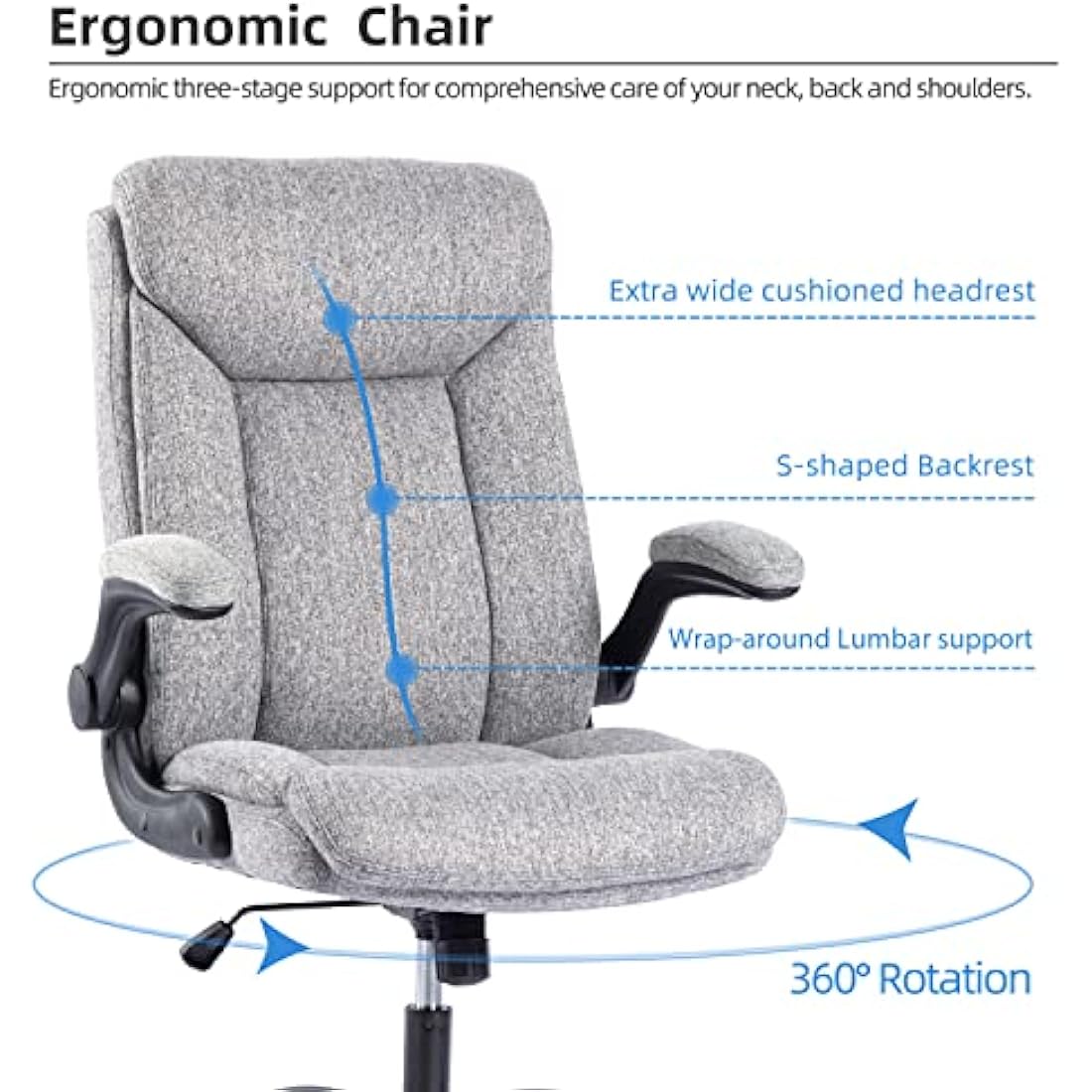 MZLEE Executive Office Chair, Ergonomic Computer Desk Chair Swivel Work Chair with Flip-up Armrest, Adjustable Height, Comfortable for Office Home Gaming(Grey Fabric)