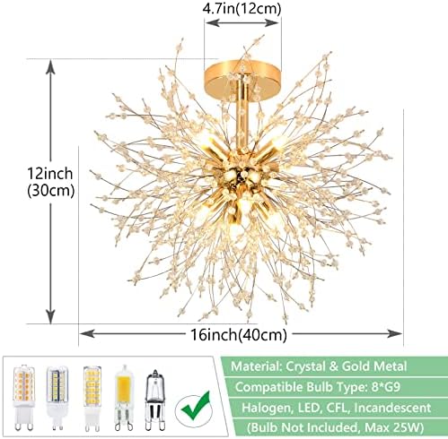 Rayofly Modern Crystal Chandeliers Ceiling Light, Firework Ceiling Lights, Gold, K9 Crystals Fireworks Pendant Lights, Metal, Chandeliers for Living Room, Bedroom, Dining Room, Hallway, Kitchen, 8 G9