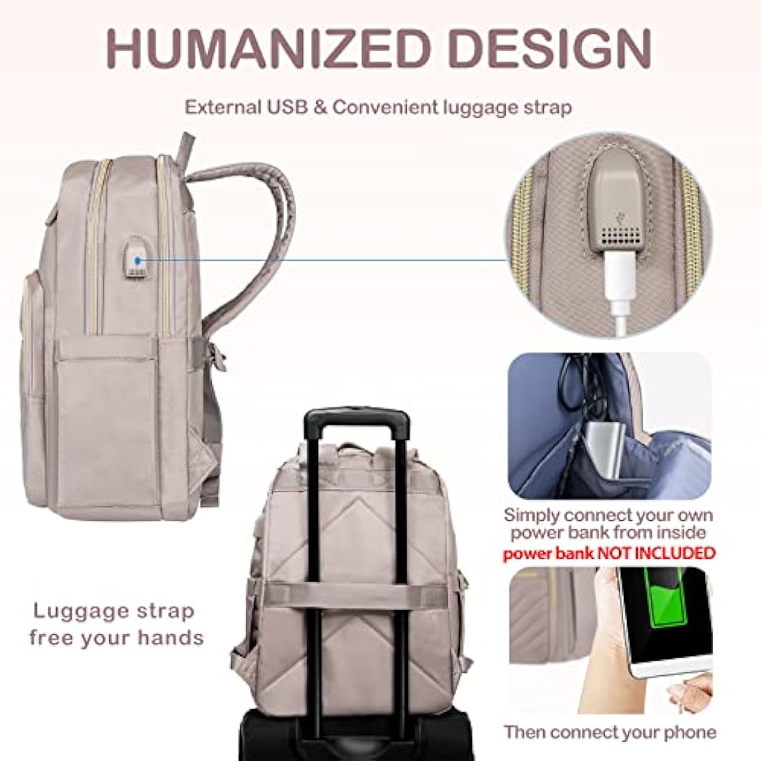 VANKEAN 15.6 Inch Laptop Backpack for Women Work Laptop Bag Fashion with USB Port, Waterproof Purse Backpacks Teacher Nurse Stylish Travel Bags Casual Daypacks for College, Business, Pink