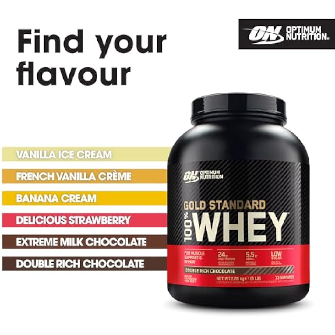 Optimum Nutrition Gold Standard 100% Whey Muscle Building and Recovery Protein Powder With Naturally Occurring Glutamine and BCAA Amino Acids, Double Rich Chocolate Flavour, 73 Servings, 2.26 kg
