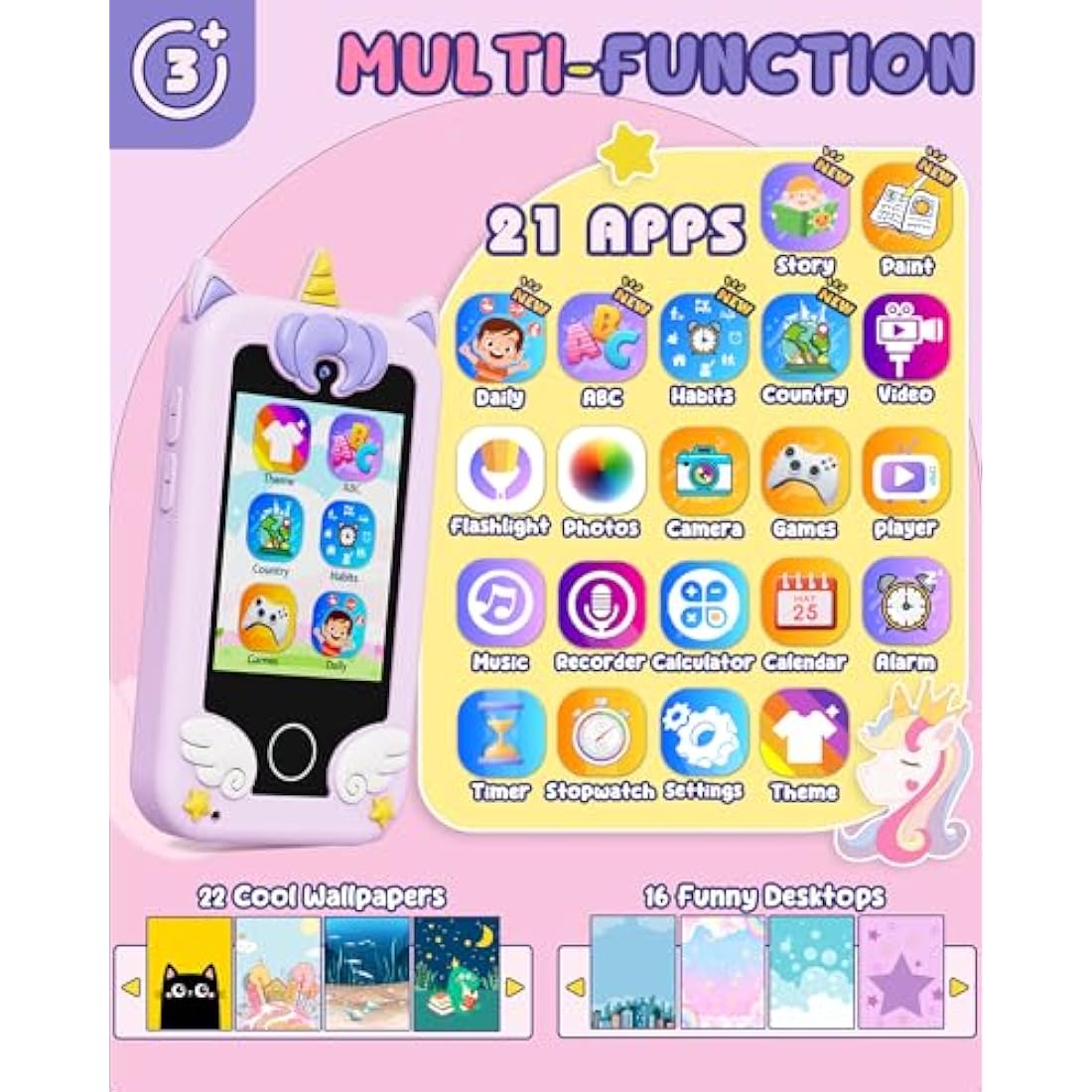 UCIDCI Kids Phone for Girls Toy Phone with Dual Camera, Toddler Mini Phone Toys with Learning Games, Travel Toys with MP3 Music Player for Christmas, Birthday Gifts for 3 4 5 6 7 Year Old Boys