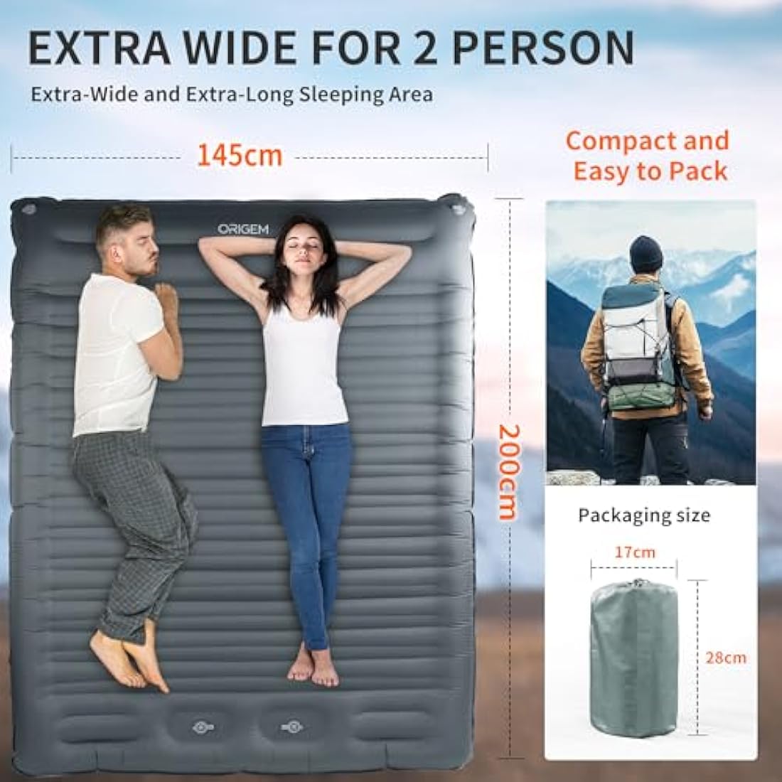 Origem Self Inflating Camping Sleeping Mat Double, 14Cm Extra Thick & Wide Camping Mattress with Built-In Foot Pump, Inflatable Sleeping Pad For Hiking, Outdoor, Traveling, Backpacking, Beach