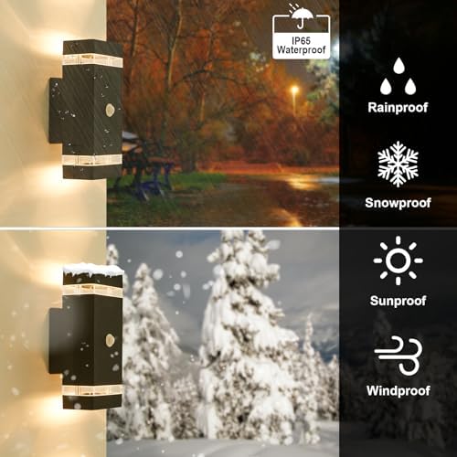 LMP Up Down Outdoor Wall Lights PIR, Motion Sensor Outside Lights Mains Powered, IP65 Square Porch Front Door Light Electric, External Modern GU10 LED Lighting Exterior Lamp Sconce for House, Black