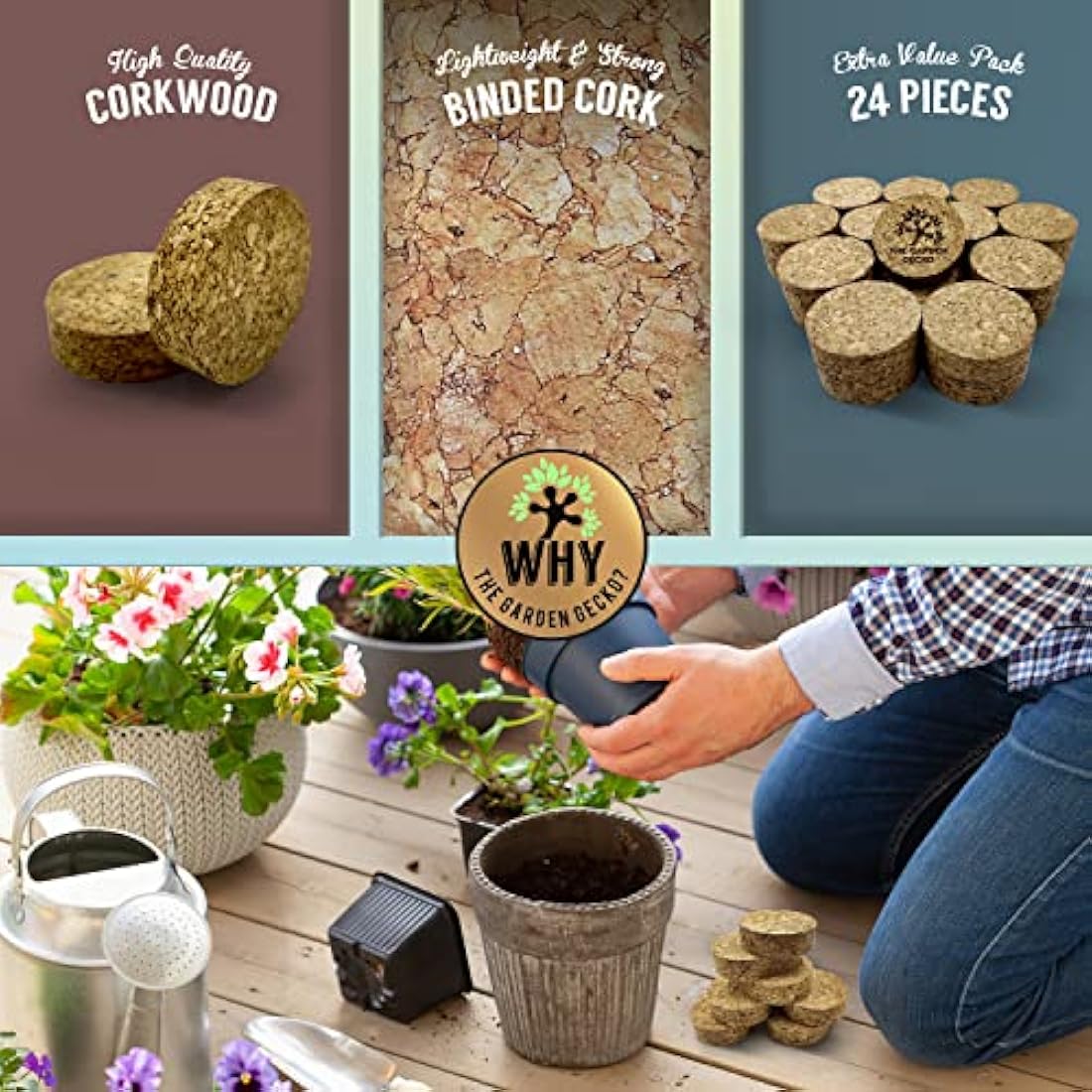 The Garden Gecko Invisible Pot feet for outdoor plant pots and flowers solid agglomerated cork, large-grain pot risers | 24 PACK | Cork