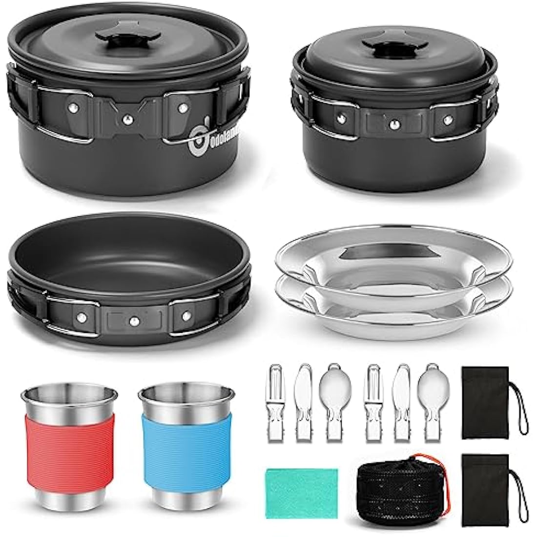 Odoland Camping Cookware Set with Pots and Frying Pan Cup Plates Folding Cutlery Gavette for 1-2 People Lightweight and Compact for Camping Trekking Picnic Hiking