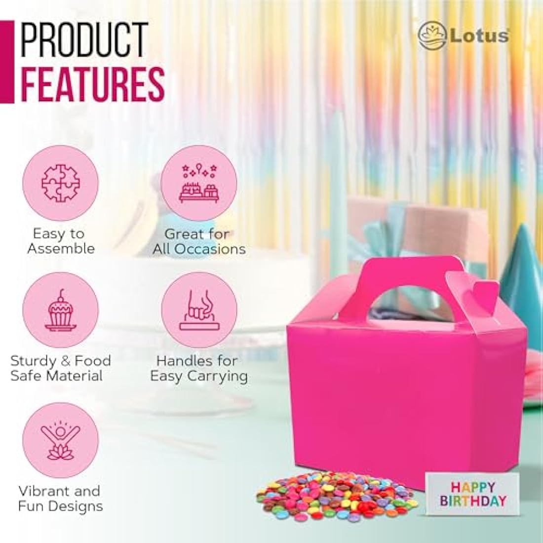 Lotus 50 x Children/Kids Plain Coloured Party Boxes Carry Food Meal Birthday Party Box Loot Bag Gift Boxes (Neon Pink)