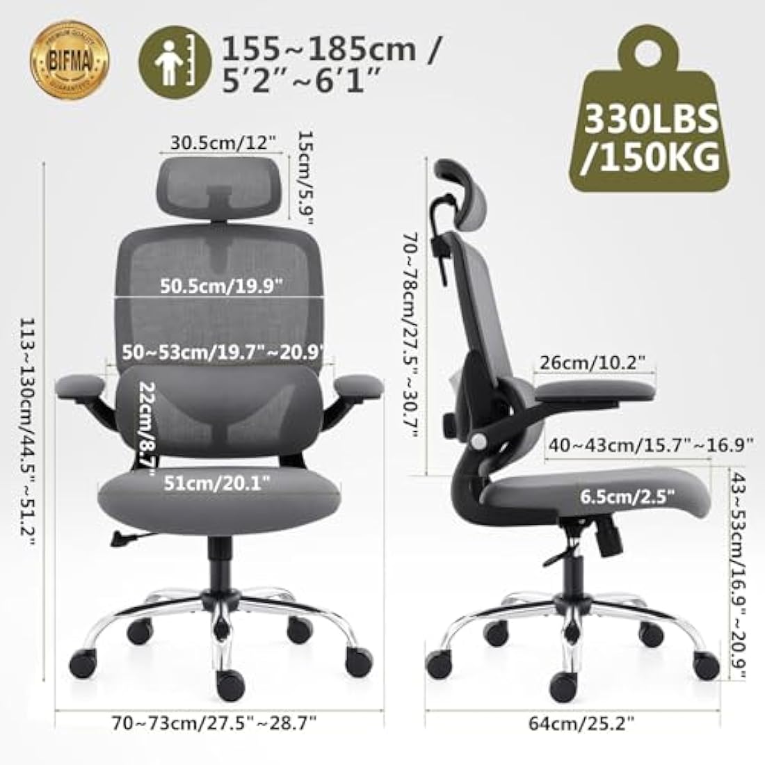 TONFARY Ergonomic Office Chair - High Back Mesh Design with Adjustable Lumbar Support, Flip-Up Armrests, Removable Headrest & 360° Swivel - Space-Saving for Home, Work, or Gaming - Black + Grey