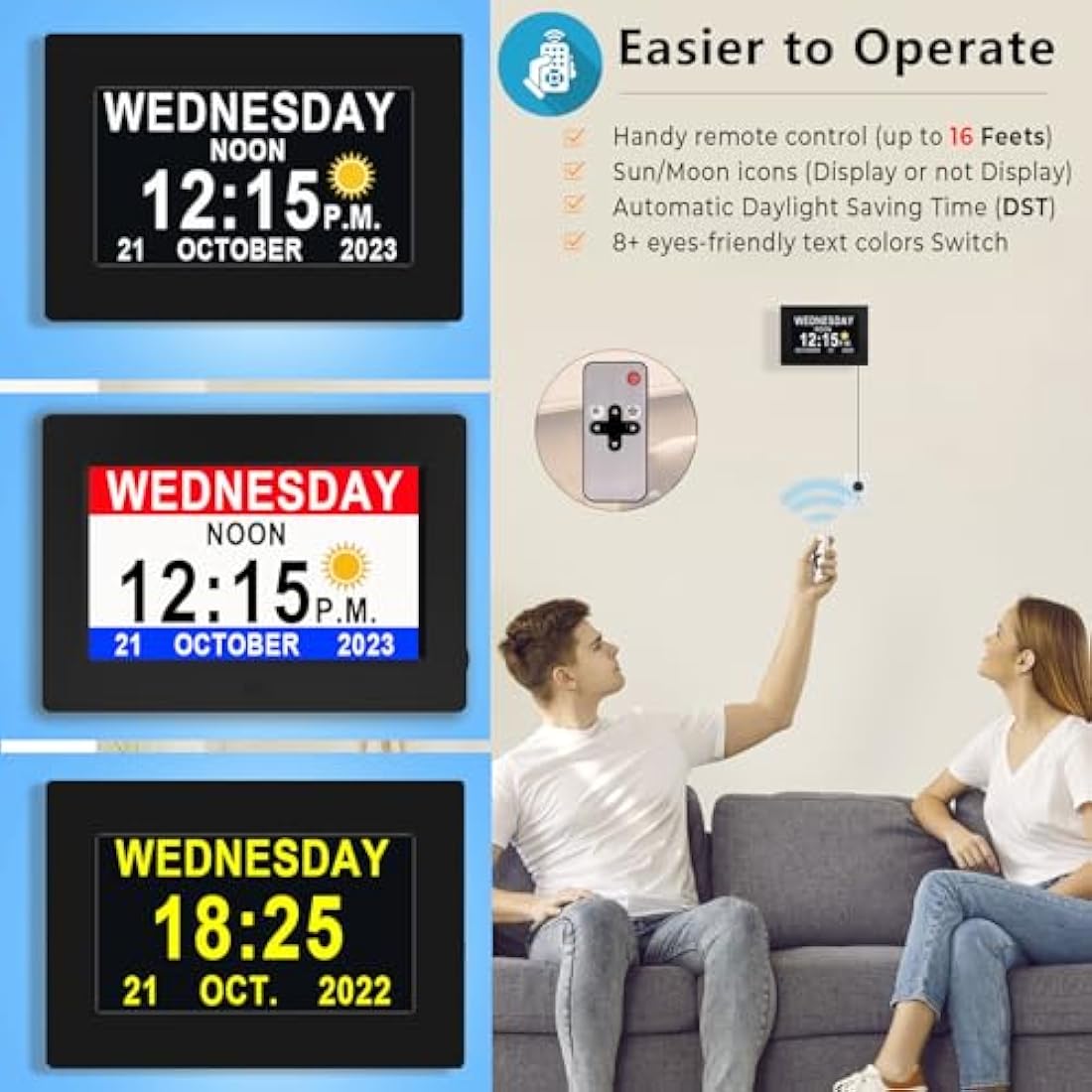 Véfaîî Newest,Dementia Clock 2.0 with Auto DST, 20 Custom Reminders, Day Clock with Sun/Moon icons for Elderly, Sleep Trainer, 7" with Remote & HD Picture Frame