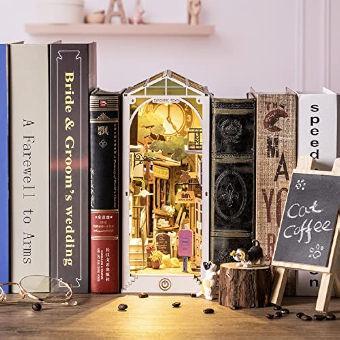 ROBOTIME Wooden Book Nook Dollhouse Kit, DIY Wall Hanging Miniature Room, Puzzle House Model Building Kits with LED Lights, Home, Bookshelf Decor (Sunshine Town)
