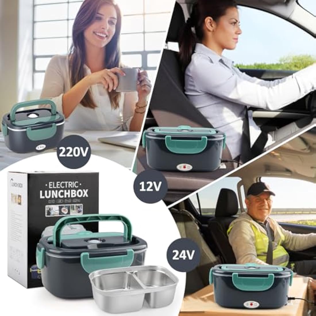 BYbrutek Electric Lunch Box 100W, 1.5L Removable Stainless Steel, 3-in-1 Portable Heated Lunch Box, 12V/24V/220V Insulated Heat Box for Car/Truck/Office/Home (Blue, 1.5L)
