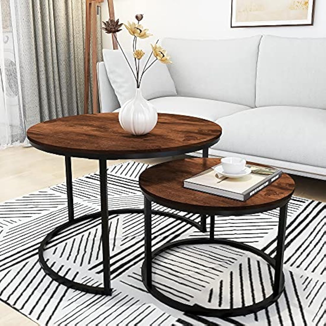 Round Nesting Coffee Table Modern Nesting Side Set of 2 End Table for Living Room,Round Wooden Accent Coffee Table with Solid Powder-Coated Metal Frame, Rustic Brown/Black
