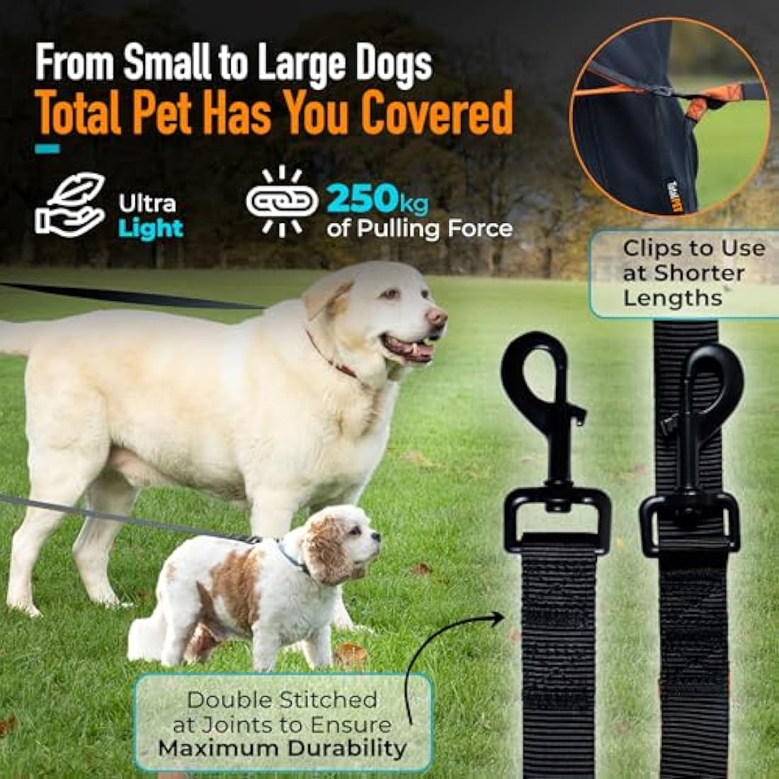 Total Pet 15m Training Lead for Dogs & Puppy - Long Line Leash With Control Handle For Recall/Obedience Training