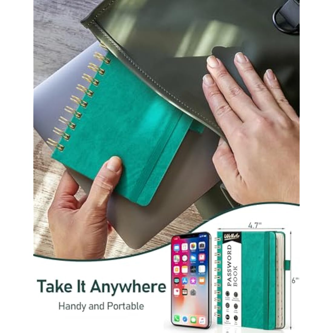 WEMATE Spiral Password Book with Alphabetical Tabs, Small Password Keeper Book for Seniors, Internet Password Notebook Hardcover Password Journal logbook – 12 x 15cm (Teal)